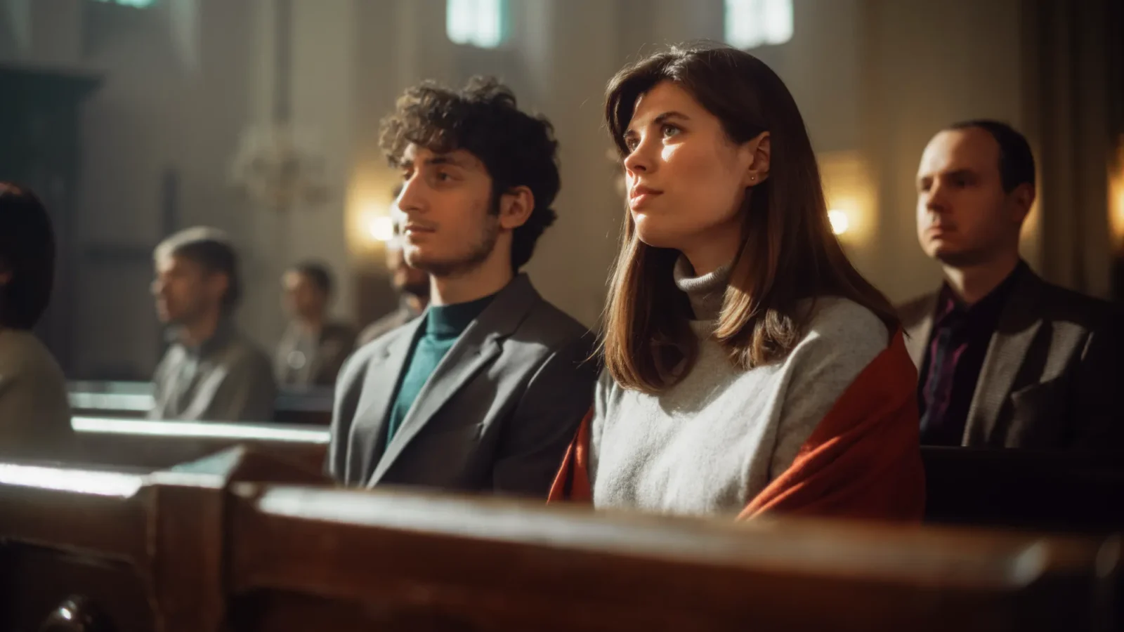 A young man and woman sit on a dark wooden church pew, focused intently on an unseen speaker or service.